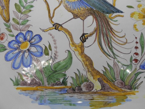 SUBLIME GRAND PLAT DÉCOR OISEAU EN FAÏENCE DE NEVERS A. MONTAGNON J.M. - Picture 5 of 7