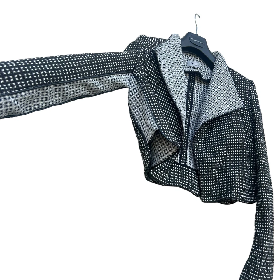 Chaqueta Zac Posen Talla 10 Bolero Recortado Negro/Blanco Cuero Borde Academia Preppy Foto 4 de 4