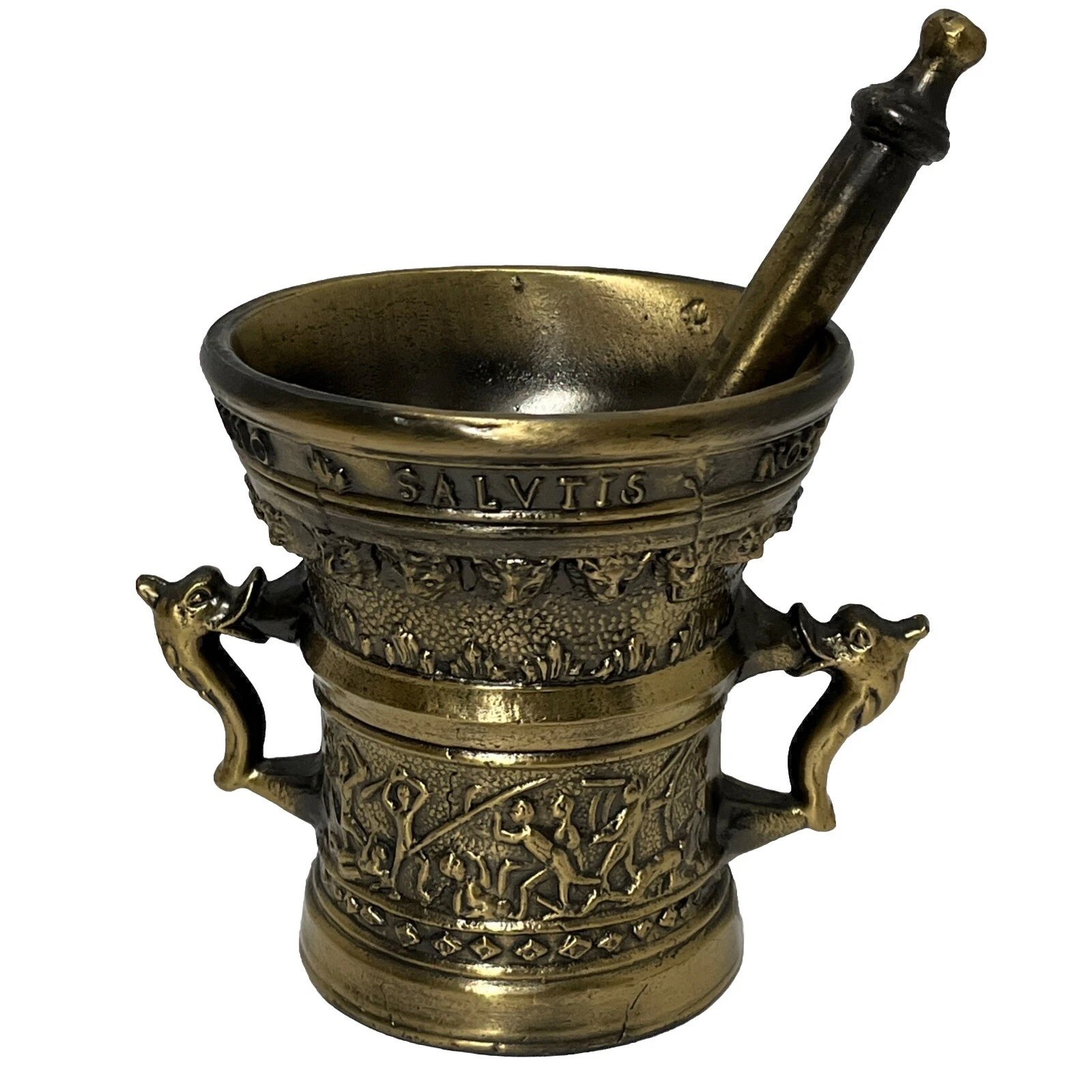 Antique Heavy Brass Mortar And Pestle Amor Vincit Anno Salvtis Nostre 1580
Opens in a new window or