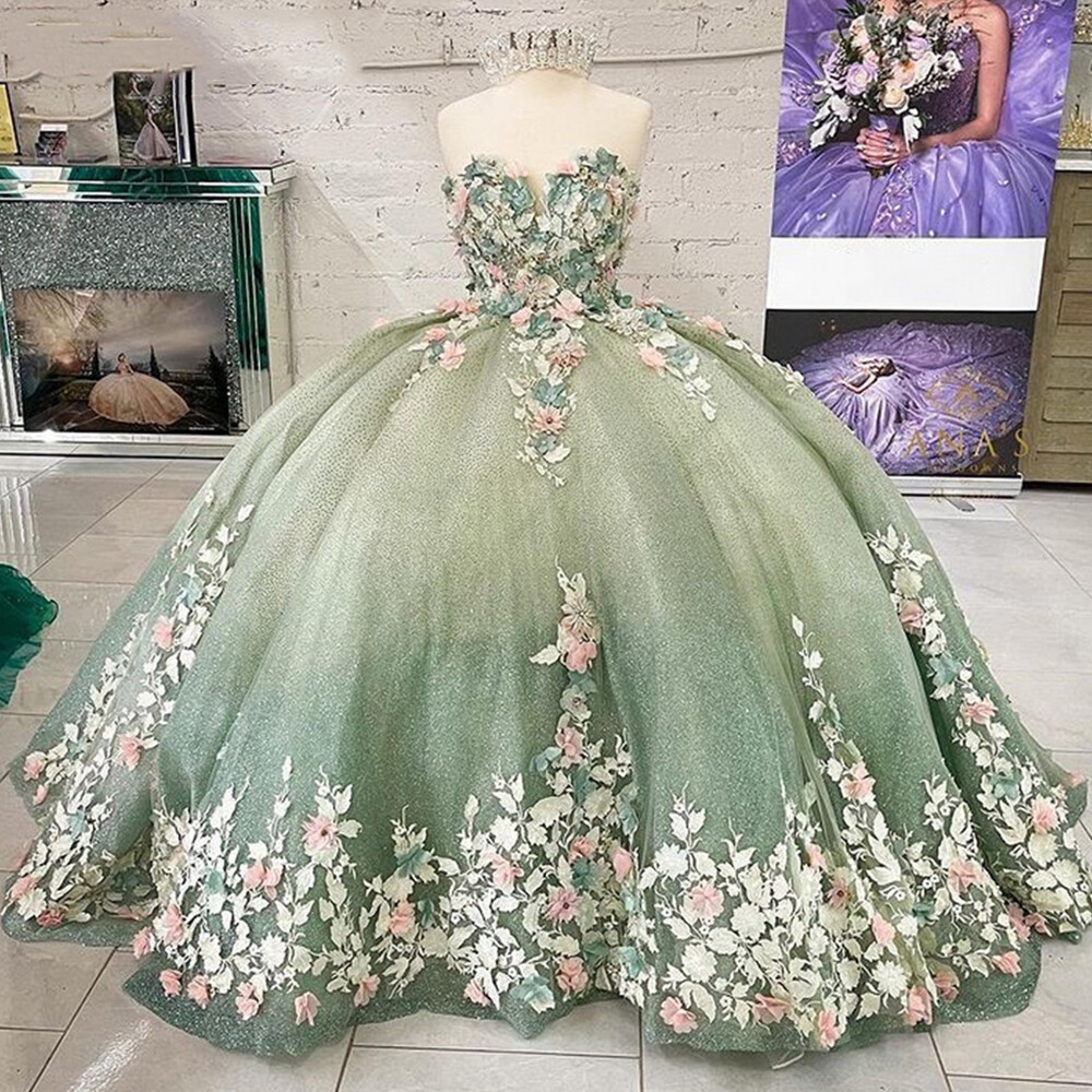 Light Green Quinceanera Sweet 16 Pageant 3D Floral Beaded Prom Ball Gown | eBay