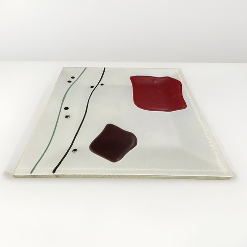 80s Abstract Fused Glass Plate 9in Square Modern Design Studio Art Red Purple - Picture 2 of 4