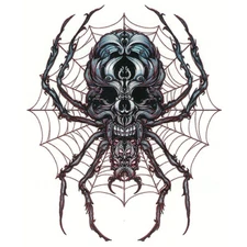 "Black Grey Red" Temporary Tattoo, Ornate Tribal Spider & Web with Skull Design