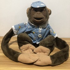 Vintage Monkey Hand Puppet Plush With Squeaker Flocked Face Long Arms Hat Shirt