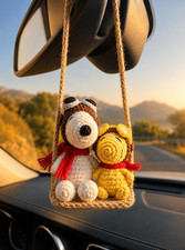 Crochet Car Hanging Ornament, Handmade Amigurumi Dog and Bird Swing, Cute Rearvi