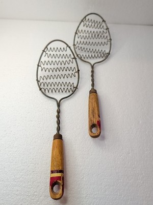 Two ( 2 ) Vintage Wire Whisk Metal Egg Beater With Wooden Handle 