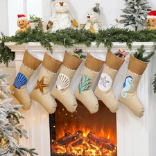 Set of 6 Ocean Coastal Sea Beach Christmas Stockings 18 X 11 Inch Burlap Christm