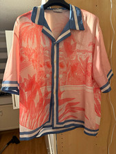 Bershka Damen Bluse Trikot Kurzarm Gr. L rosa/blau/wei&szlig; Kragen Kn&ouml;pfe
