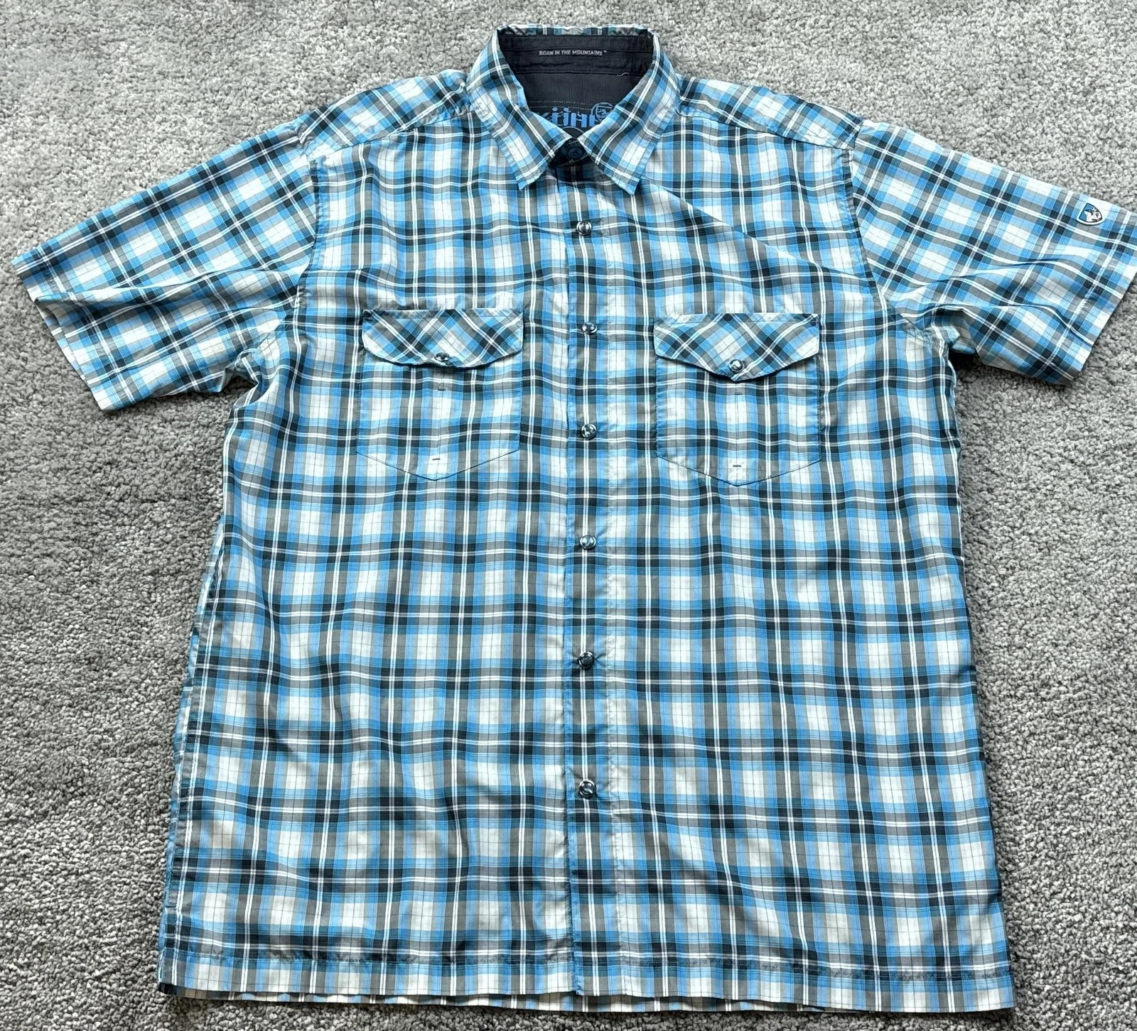 Kuhl Shirt Mens Large Blue Plaid Short Sleeve Snap Button Outdoor Hiking