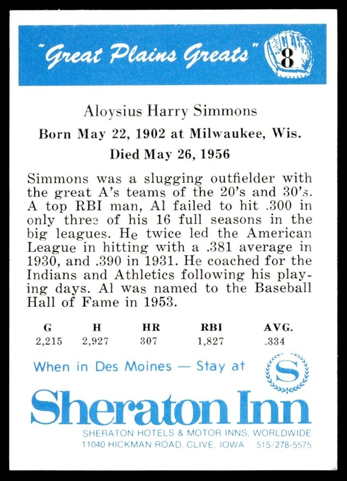 1975 Sheraton Great Plains Greats - #8 Al Simmons Chicago White Sox/Cleveland - Image 2 of 2
