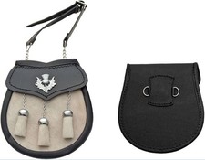 Kilt Sporran White Bovine Cow Hide 3 Tassel Leather Sporran  Belt With Thistle