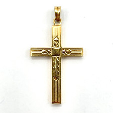 14K cross pendant - 1 g solid yellow gold w/ pretty etched design 5/8" x 1-1/4"