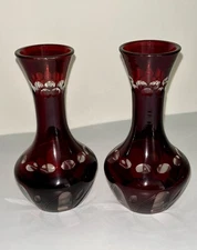 Pair Bohemian Czech 5.5” Ruby Red Cut To Clear Vases With Floral Design Vintage
