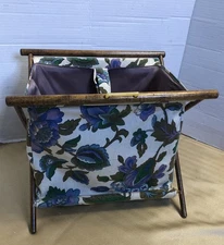 Vintage Folding Floral Sewing Caddy Tote Knitting Basket Yarn Stand Wood Frame