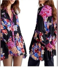 FREE PEOPLE Brunch A Bunch Boho Floral Oversized Flowy Tunic Mini Dress Medium 