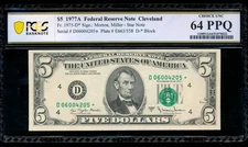 AC 1977A $5 Cleveland *star* FRN PCGS 64 PPQ D-* block Fr 1975-D*