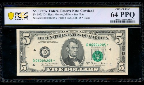 AC 1977A $5 Cleveland *star* FRN PCGS 64 PPQ D-* block Fr 1975-D* - Picture 1 of 2