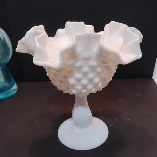 Fenton Hobnail White Milk Glass Bowl Candy Dish Bowl Footed Pedestal VTG