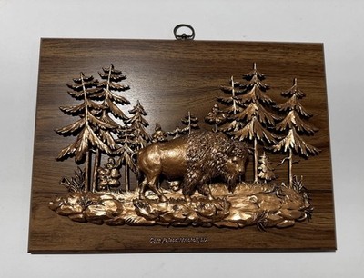 3-D Relief Bison & Trees Sculpture on Wood Plaque Corn Palace Mitchell S Dakota