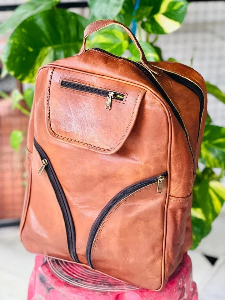 Genuine Goat Leather Vintage Laptop Bag Men's Large Gym Backpack Travel Rucksack - Image 2 of 4