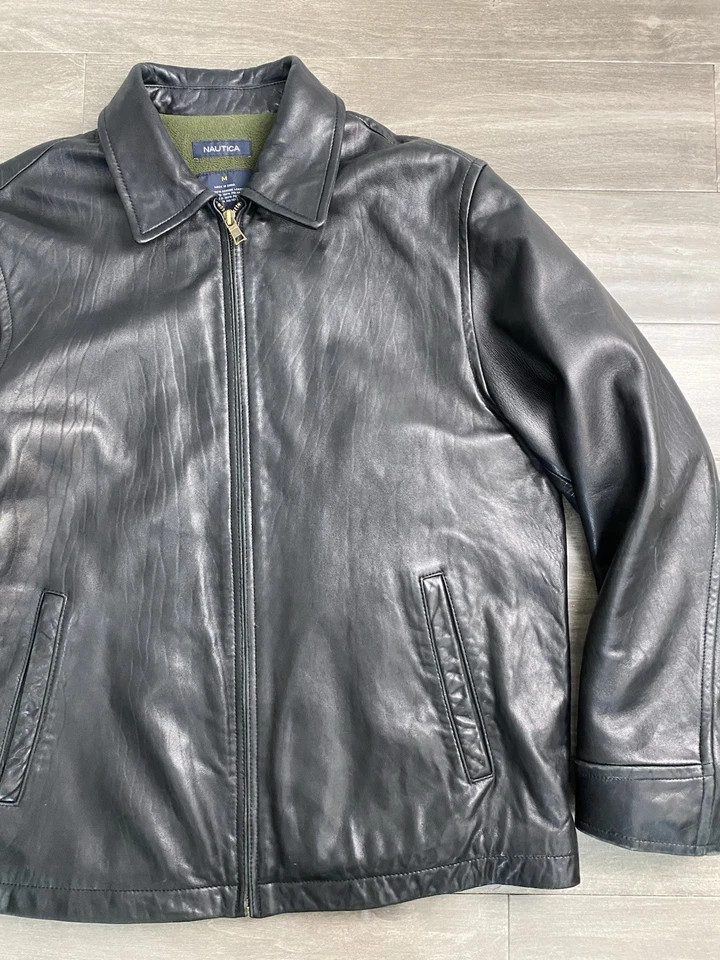 Chaqueta de Cuero Suave Nautica Forrada de Vellón Moto Bombardero Motociclista Negra Para Hombre Talla M Foto 3 de 4