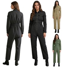 Womens Costume Carnival Jumpsuit Turndown Rompers Mechanic Multi-pocket Party