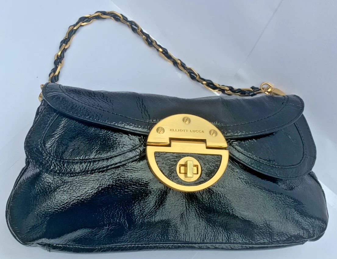 Elliot Lucca handbag in Black Patent leather, 'golden' turn-lock clasp