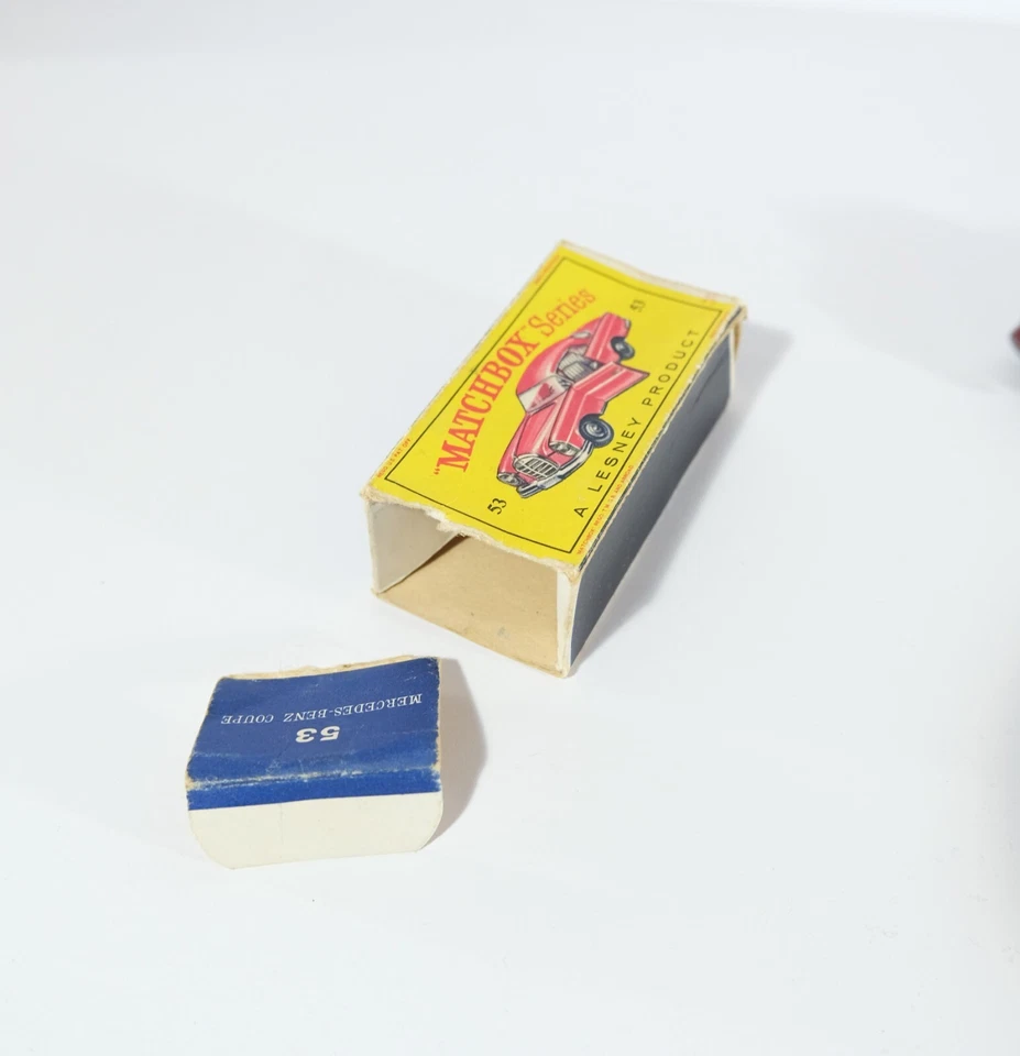 Caja de cerillas vintage Lesney Nº53 Mercedes-Benz cupé ruedas gris coche en caja H7. Foto 2 de 4