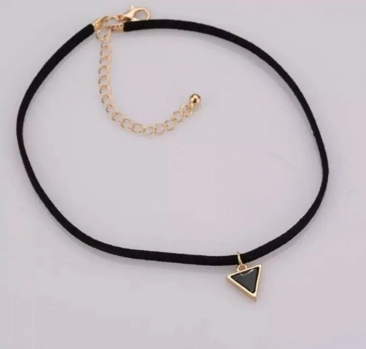 Thin black gold choker necklace triangle pendant fast postage UK