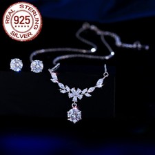 925 Sterling Silver Cubic Zircon Flower Leaf Necklace Earring Bridal Jewelry Set