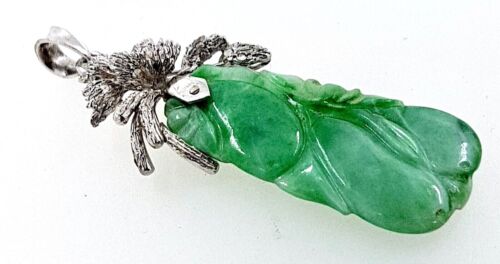 Vintage carved Jadeite Jade PENDANT, 9k (375) white gold, double sided, leaves - Picture 7 of 12