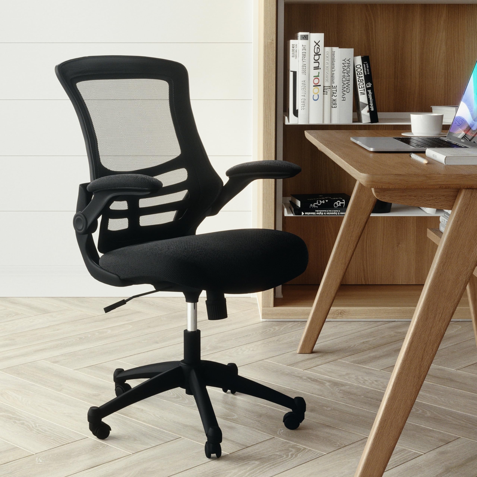 BizChair Mid-Back Black Mesh Swivel Ergonomic Task Office Chair with Flip-Up ...