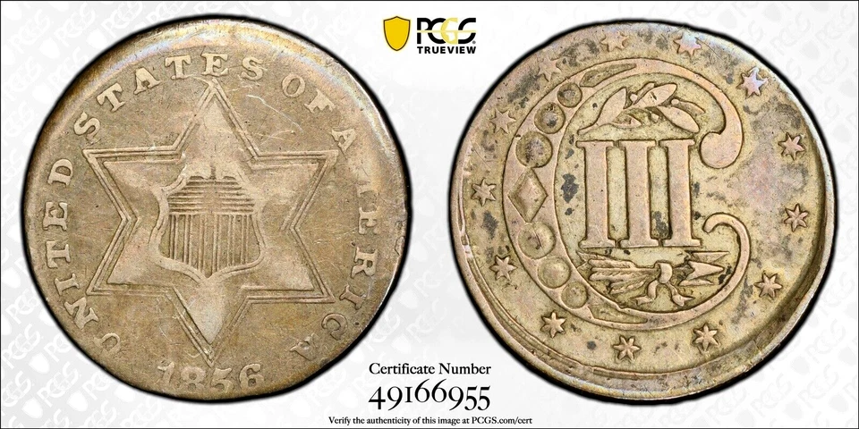 PCGS-VF! 1856 THREE CENT SILVER STRUCK 5% OFF CENTER ERROR - Image 3 of 3