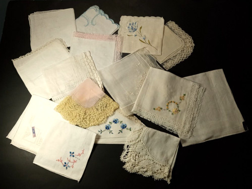 15 Handkerchiefs Linen Linon Lace Embroidered Vintage Handkerchief