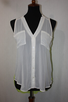 LUSH Sz XS Ivory & Yellow Sheer Buttoned Top Sleeveless Tunic Hi-Low Hem Pockets