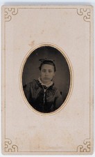 Antique 2.5x4in Tintype Portrait Young Woman Bow Hair Paper Sleeve