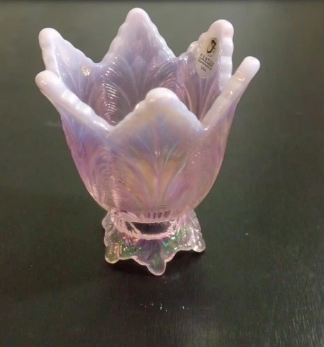Fenton Rosalene Pink Opalescent Iridescent Plume Candle Holder - Silver Label