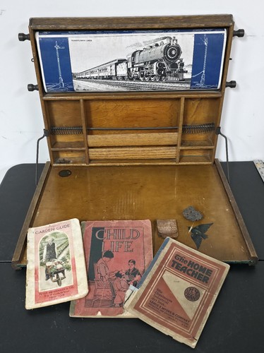 Antique 1913 Lewis E. Myers Chautauqua Industrial Wood Art Desk w/ US Scroll