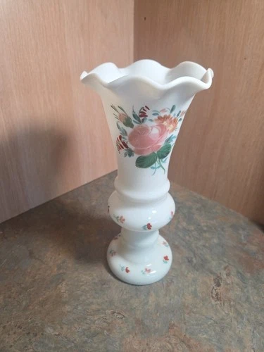 Milk Glass Vase Hand painted 8 1/2 in Gilded Crimped top  Roses
