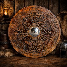 Reven Viking Hand Engraved Shield  Antique Polish Hardwood Decor Halloween Gift