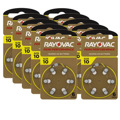 Rayovac 10 PEAK Performance -60x Hörgerätebatterien-gelb PR70-(10x6er Blister)