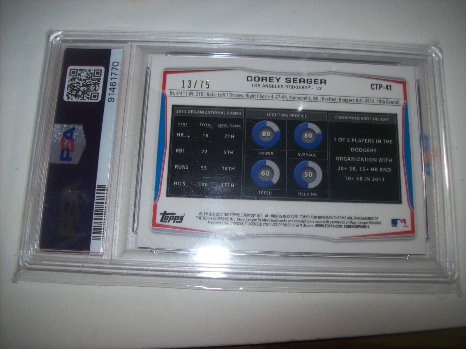 2014 Bowman Draft Corey Seager Top Prospect  Black Refractor #CTP-41     PSA 8 view 2