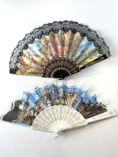 Vintage Spanish Folding Hand Fans Black  White Lace Sevilla Souvenir Set of 2