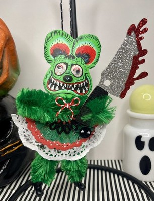 Vtg Halloween rat zombie with knife Ornament Vintage Style chenille wire 