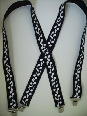 Men's X Style White Music Notes Design Suspenders, with Clips & Loop Snaps