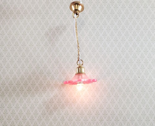 Dollhouse Ceiling Light Frosted Flower Shade PINK 1:12 Scale 12 Volt with Plug - Picture 1 of 4