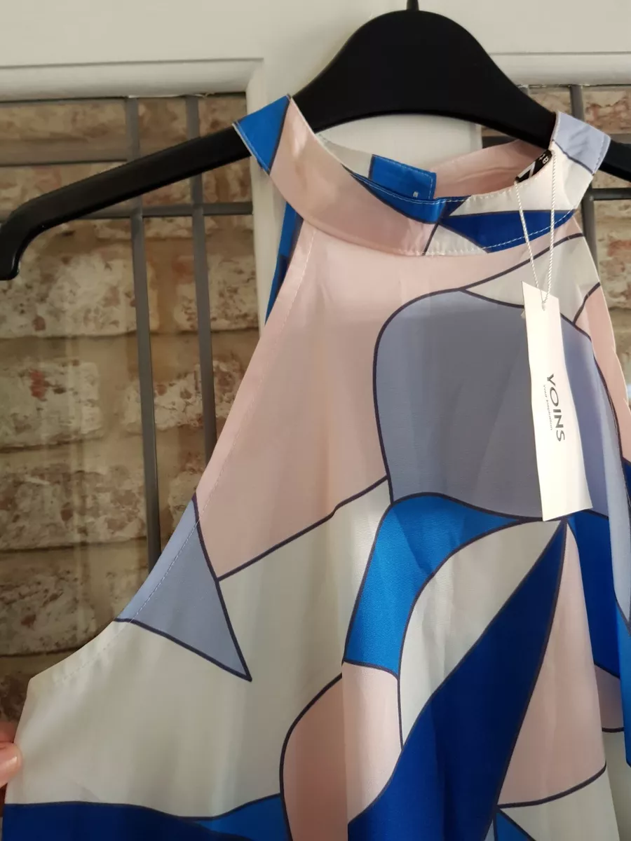 Yoins Size M Uk 12 Halterneck Mini Dress Silky Feel Blue Pink
