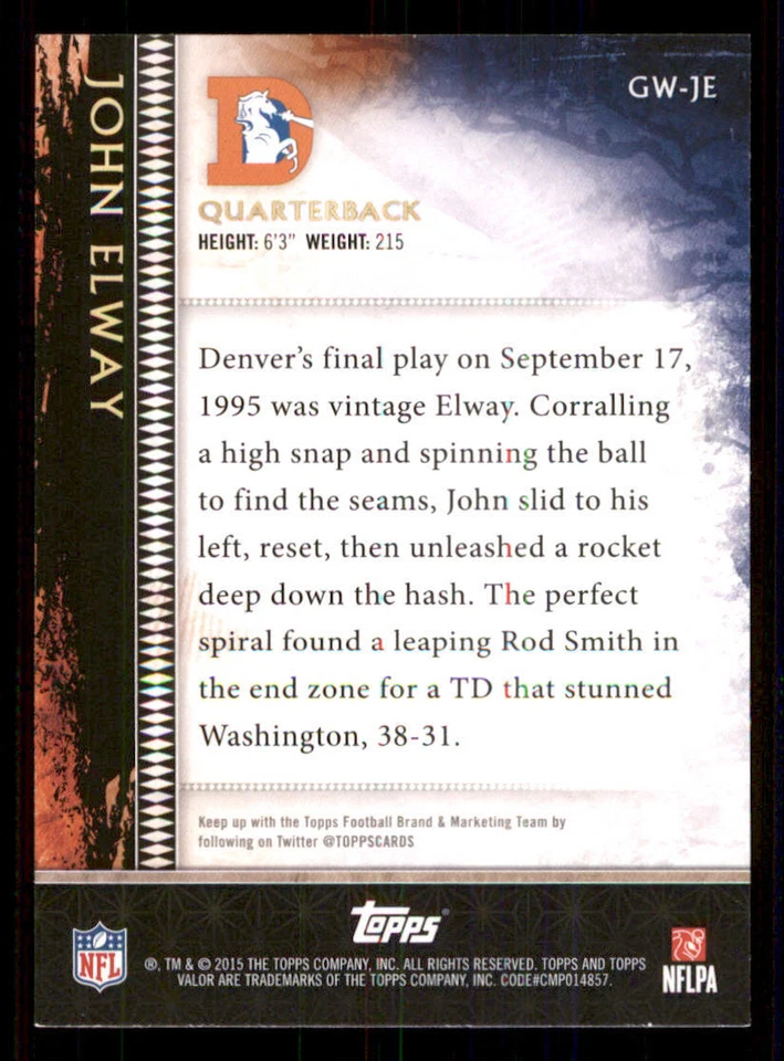 2015 Topps Valor Gridiron Warriors #GWJE John Elway - Image 2 of 2
