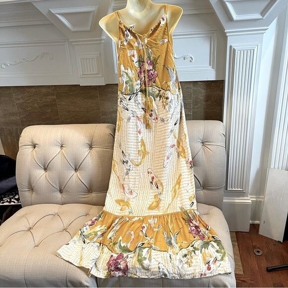 Anthropologie One September Maxi Dress Yellow Paradiso Koi Fish Size XS
