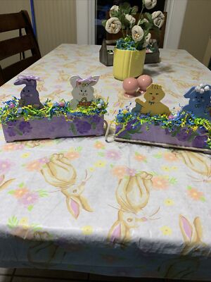 2 HANDPAINTED EASTER CARTS 18''L W/4 VINTAGE WOODEN EASTER ORNAMENTS 4''x3'' Ea. 