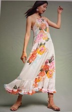 Farm Rio Anthropologie Havana Floral Pompom Maxi Dress Tropical Vacation Size XS